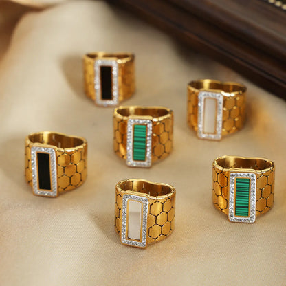 Casual Elegant Simple Style Hexagon Rectangle Titanium Steel Plating Inlay Acrylic Turquoise Shell 18k Gold Plated Rings