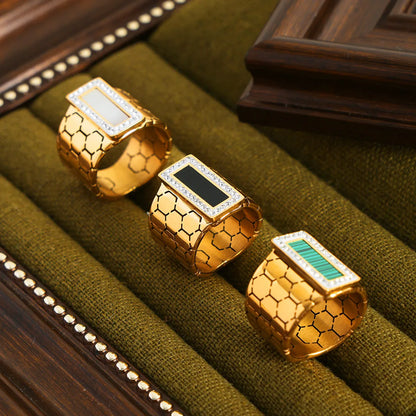 Casual Elegant Simple Style Hexagon Rectangle Titanium Steel Plating Inlay Acrylic Turquoise Shell 18k Gold Plated Rings