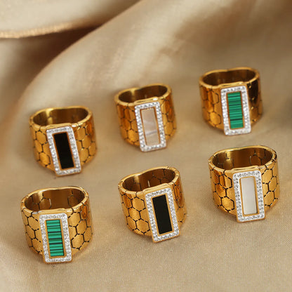 Casual Elegant Simple Style Hexagon Rectangle Titanium Steel Plating Inlay Acrylic Turquoise Shell 18k Gold Plated Rings