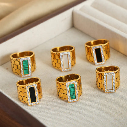 Casual Elegant Simple Style Hexagon Rectangle Titanium Steel Plating Inlay Acrylic Turquoise Shell 18k Gold Plated Rings