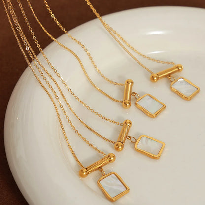 Casual Elegant Simple Style Square Titanium Steel Beaded Plating Inlay Shell 18k Gold Plated Pendant Necklace Necklace