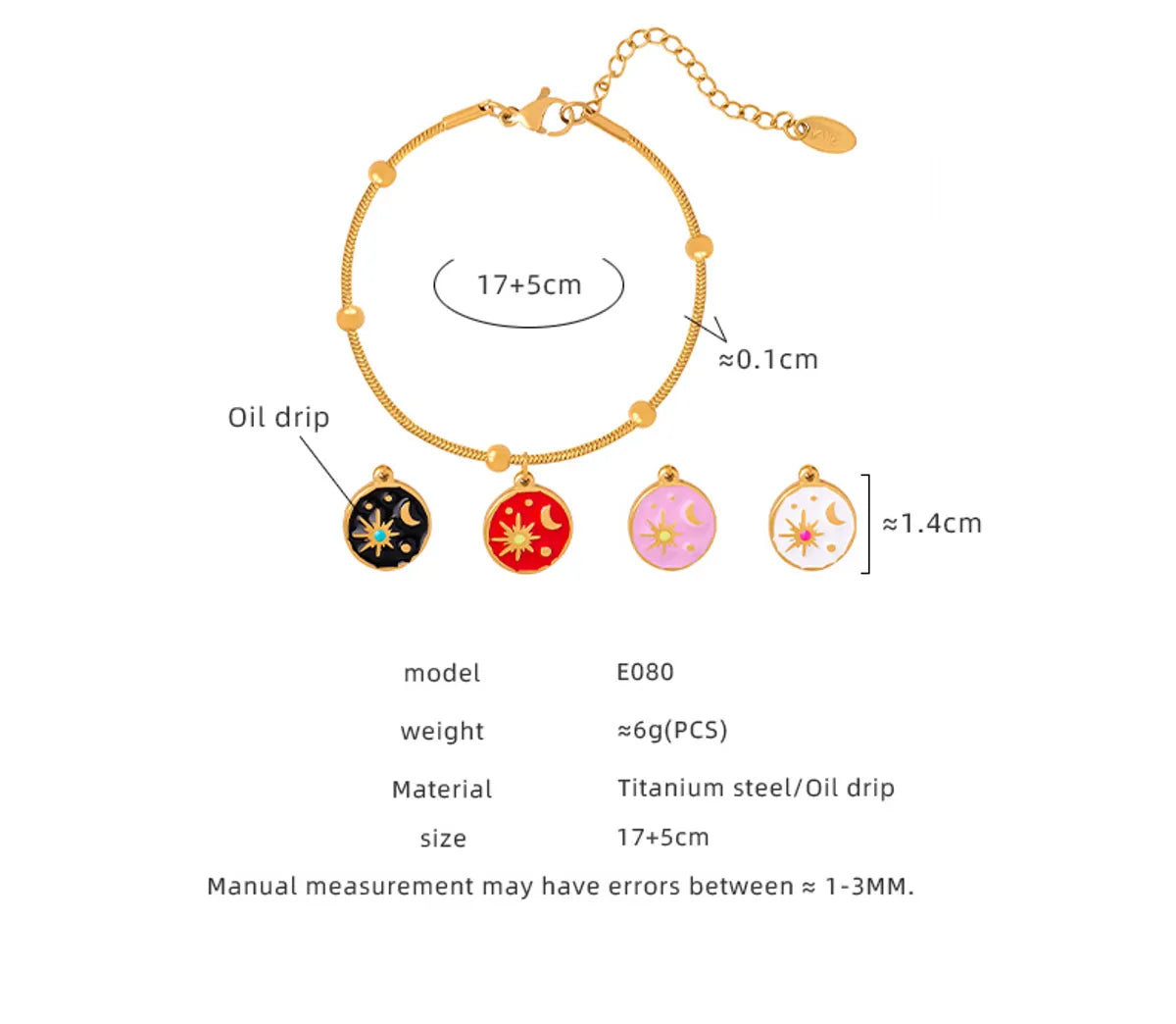 Casual Elegant Simple Style Sun Interstellar Moon Titanium Steel Enamel Plating 18k Gold Plated Bracelets