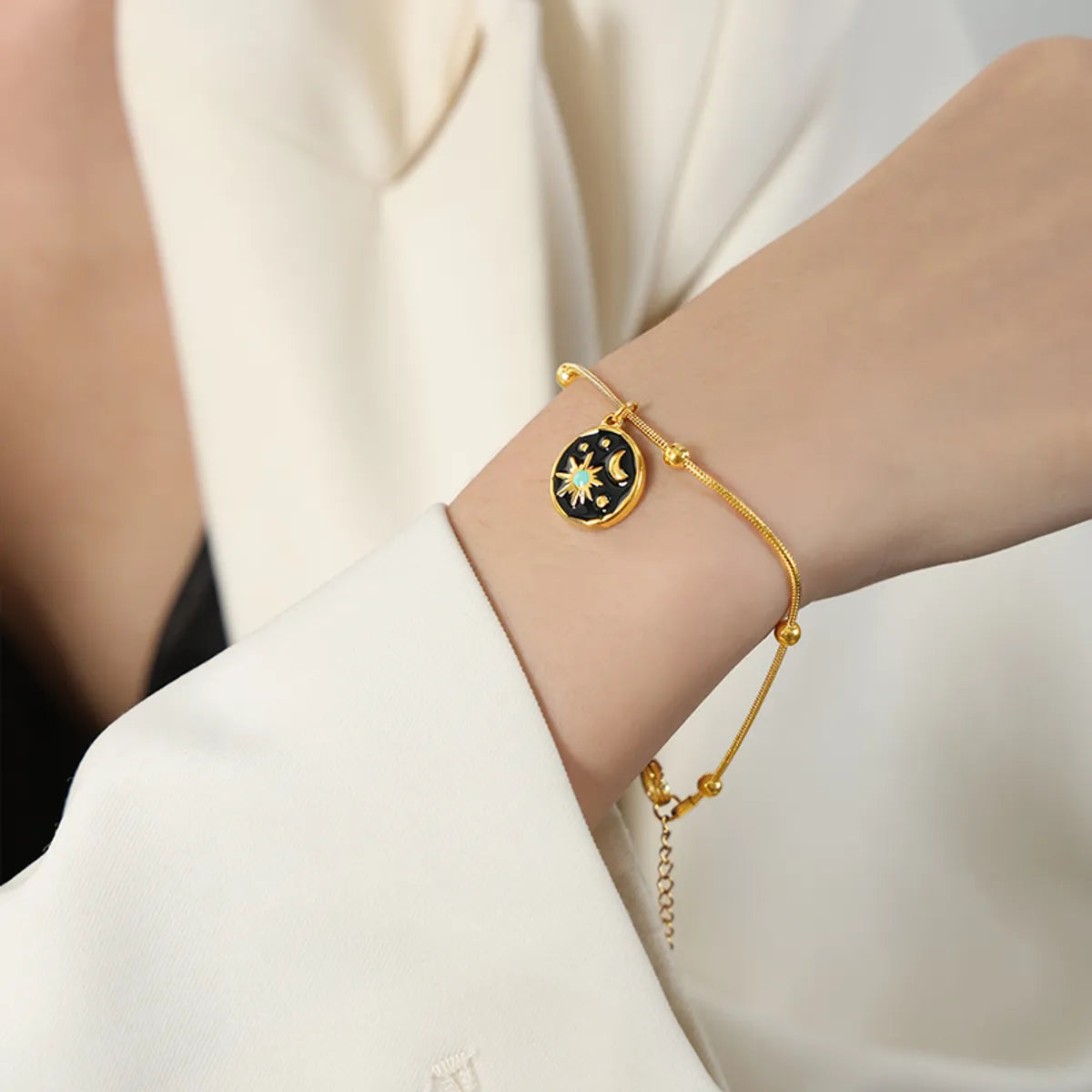 Casual Elegant Simple Style Sun Interstellar Moon Titanium Steel Enamel Plating 18k Gold Plated Bracelets