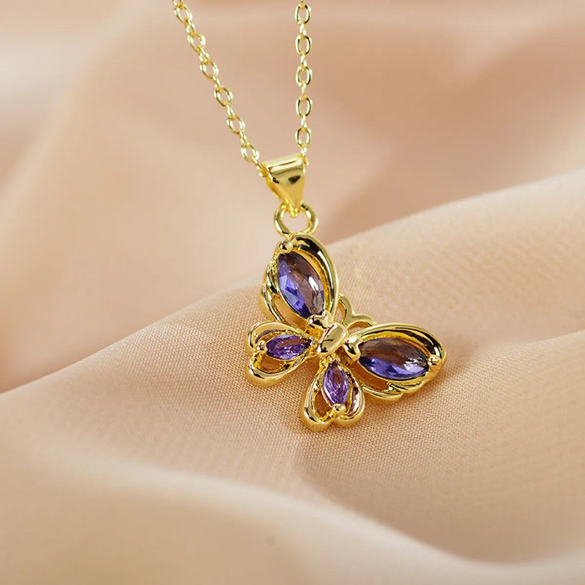 Casual Elegant Vacation Butterfly Steel Hollow Out Inlay Zircon Pendant Necklace