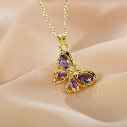 Casual Elegant Vacation Butterfly Steel Hollow Out Inlay Zircon Pendant Necklace