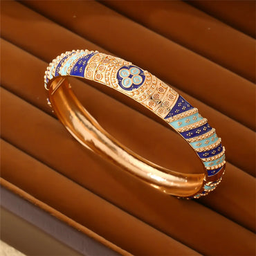 Casual Elegant Vintage Style Four Leaf Clover Round Copper Enamel Plating Gold Plated Bangle