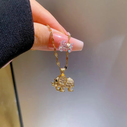 Casual Elephant Stainless Steel Plating Inlay Opal Zircon 18k Gold Plated Pendant Necklace