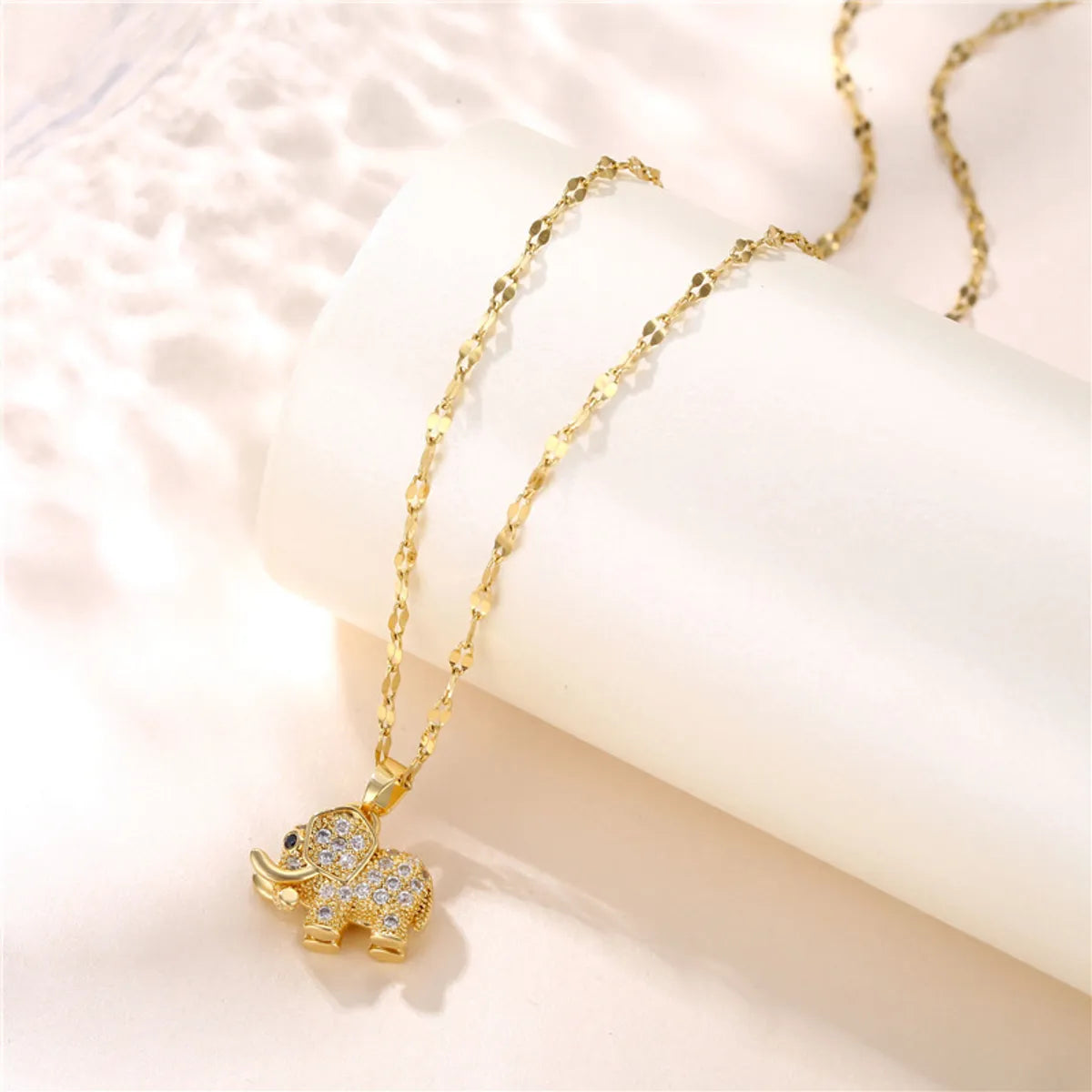 Casual Elephant Stainless Steel Plating Inlay Opal Zircon 18k Gold Plated Pendant Necklace