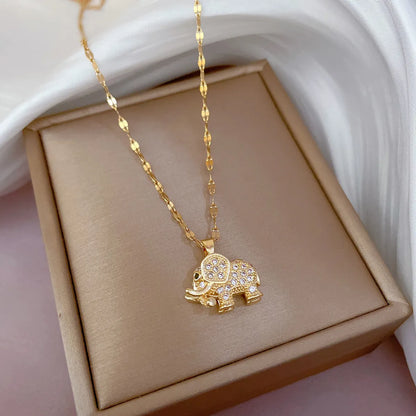 Casual Elephant Stainless Steel Plating Inlay Opal Zircon 18k Gold Plated Pendant Necklace