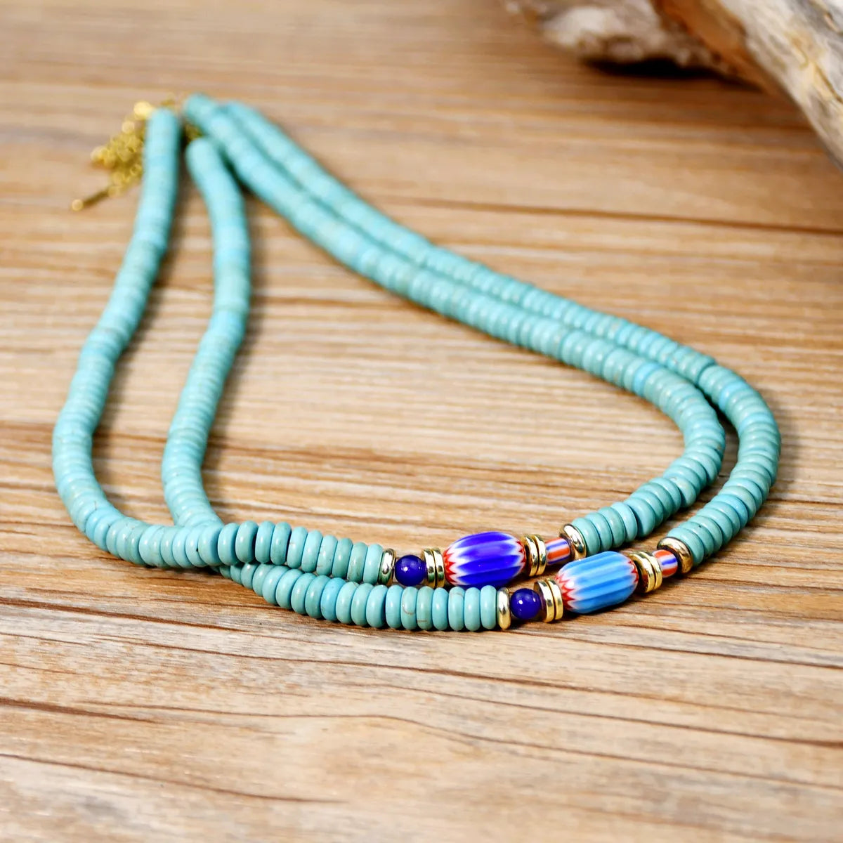 Casual Ethnic Style Geometric Turquoise Beaded Gold Plated Necklace