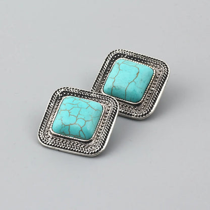 Casual Ethnic Style Square Alloy Plating Hollow Out Inlay Artificial Gemstones Women's Ear Studs