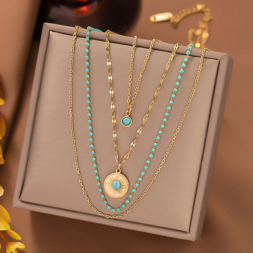 Wholesale Jewelry Casual Eye 304 Stainless Steel Artificial Rhinestones Resin 18K Gold Plated Plating Inlay Layered Necklaces