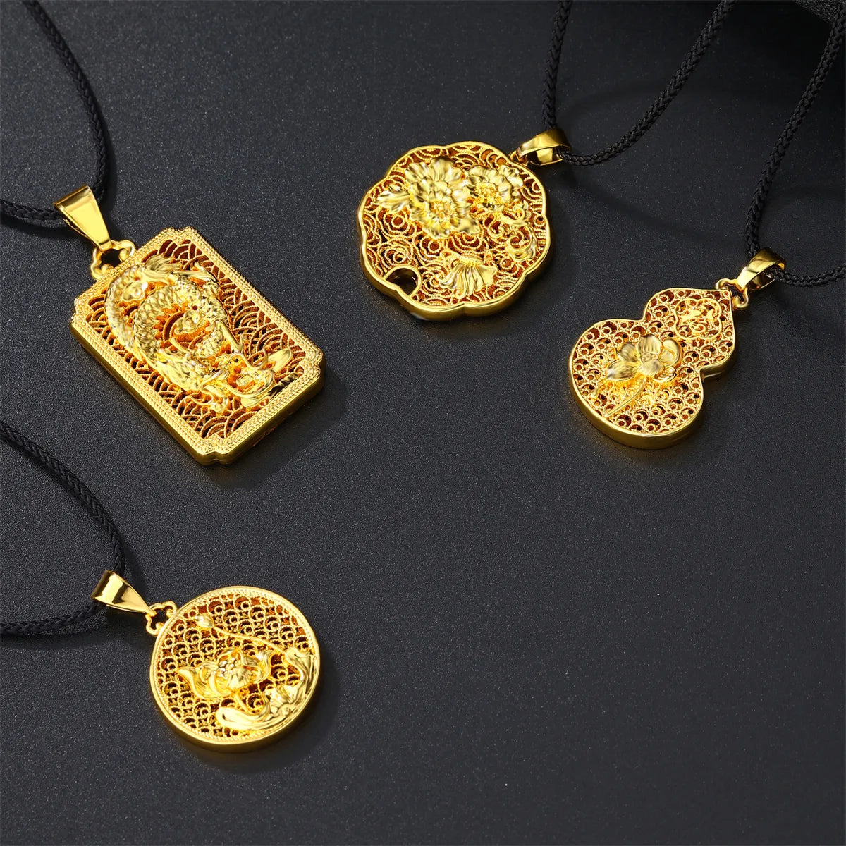 Casual Flower Gourd Dragon Rope Copper Hollow Out 24K Gold Plated Men'S Pendant Necklace