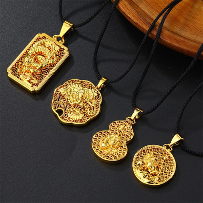 Casual Flower Gourd Dragon Rope Copper Hollow Out 24K Gold Plated Men'S Pendant Necklace