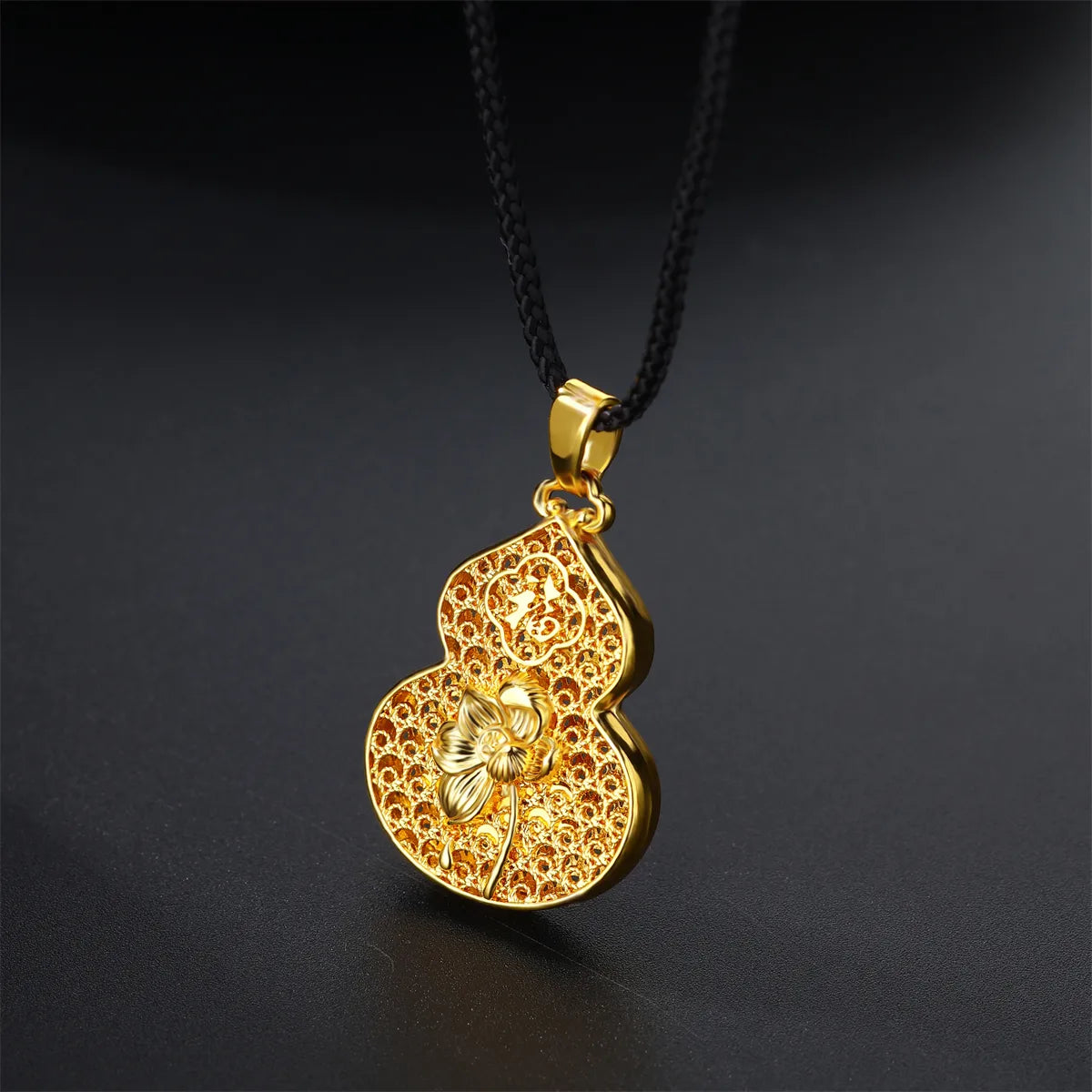 Casual Flower Gourd Dragon Rope Copper Hollow Out 24K Gold Plated Men'S Pendant Necklace