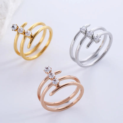 Casual Formal Lines Stainless Steel Inlay Zircon 18k Gold Plated Rings