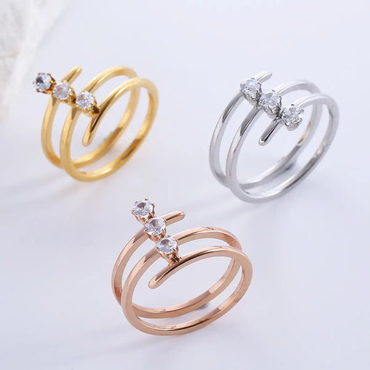 Casual Formal Lines Stainless Steel Inlay Zircon 18k Gold Plated Rings