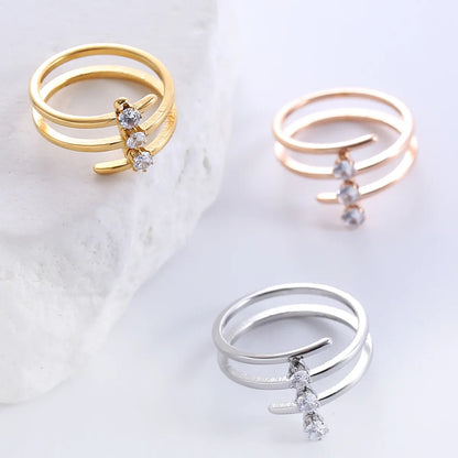 Casual Formal Lines Stainless Steel Inlay Zircon 18k Gold Plated Rings