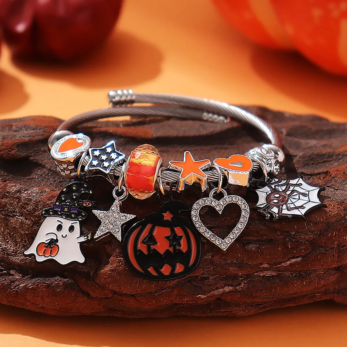 Casual Funny Punk Pumpkin Titanium Steel Artificial Rhinestones Bangle In Bulk