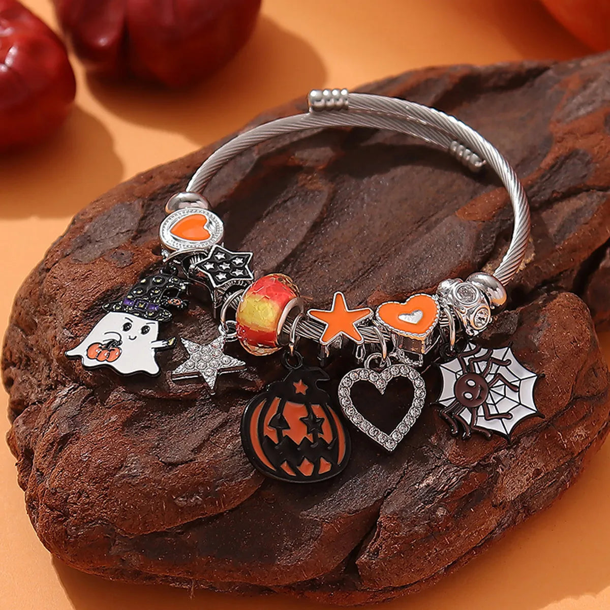 Casual Funny Punk Pumpkin Titanium Steel Artificial Rhinestones Bangle In Bulk