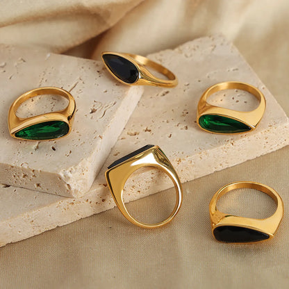 Casual Glam Simple Style Geometric Glass Titanium Steel Plating Inlay Glass 18k Gold Plated Rings