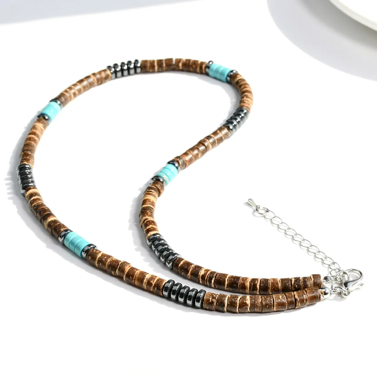 Casual Handmade Geometric Artificial Gemstones Turquoise Beaded Silver Plated Men's Necklace