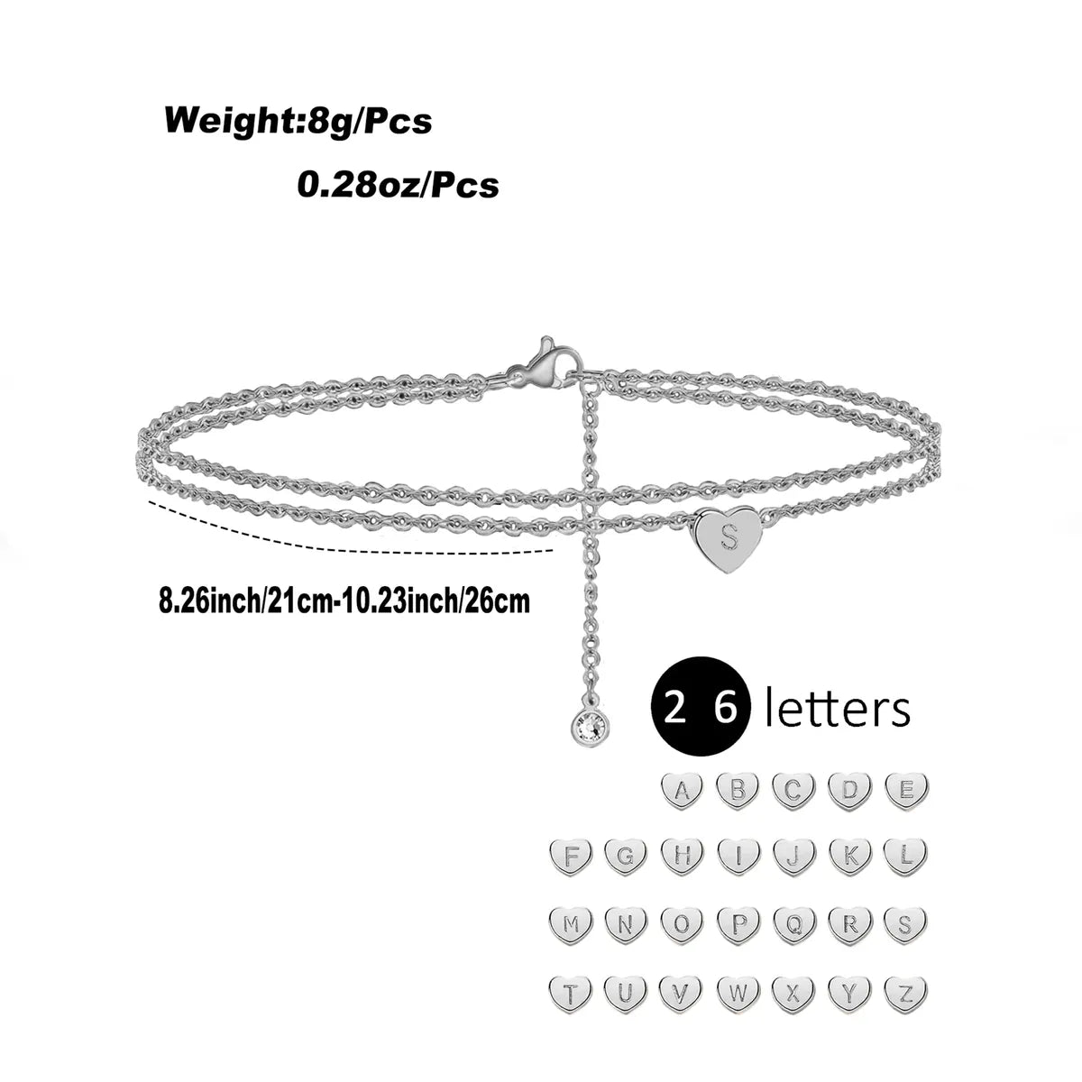 Casual Hawaiian Simple Style Letter Heart Shape 316 Stainless Steel  Layered Inlay Zircon 18K Gold Plated Rose Gold Plated Silver Plated Women's Anklet