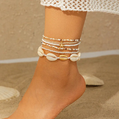 Casual Hawaiian Starfish Shell Beaded Alloy Handmade Knitting Women'S Anklet Waist Chain