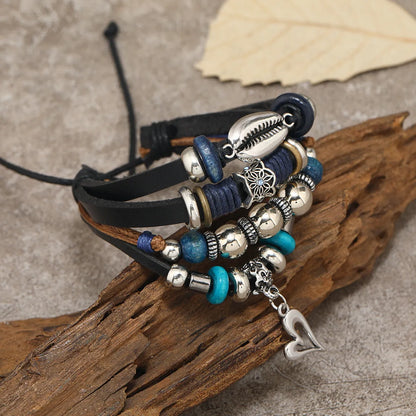 Casual Heart Shape Pu Leather Alloy Wooden Beads Beaded Knitting Men's Drawstring Bracelets