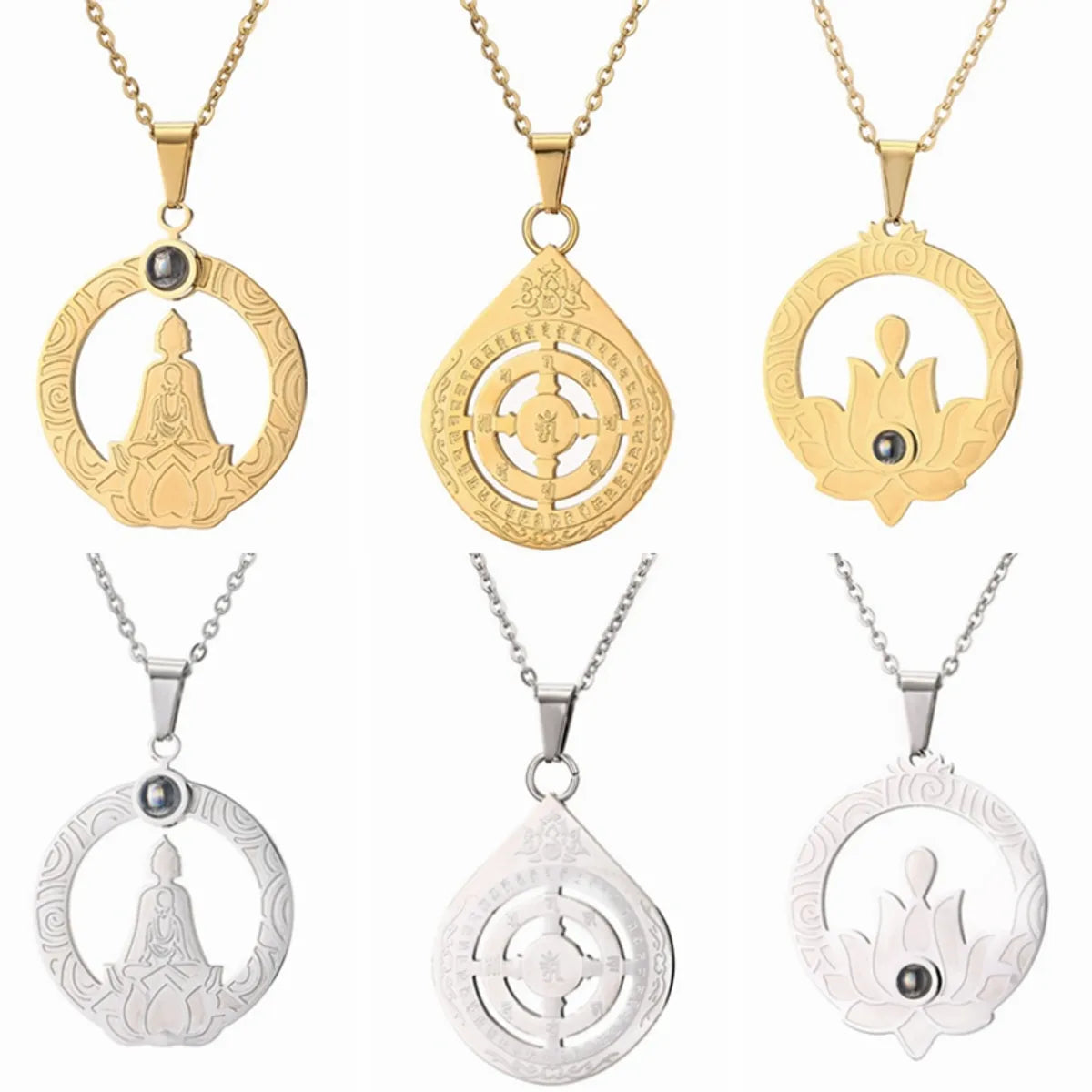 Casual Hip-hop Buddha Lotus Stainless Steel Hollow Out Inlay Glass Stone Pendant Necklace