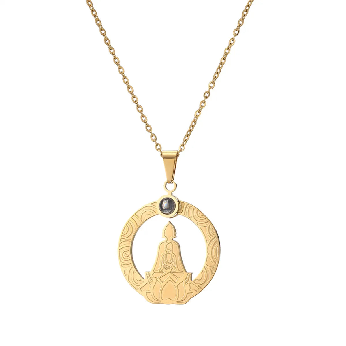 Casual Hip-hop Buddha Lotus Stainless Steel Hollow Out Inlay Glass Stone Pendant Necklace