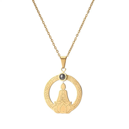 Casual Hip-hop Buddha Lotus Stainless Steel Hollow Out Inlay Glass Stone Pendant Necklace