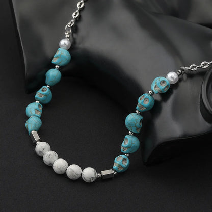 Casual Hip-hop Classic Style Skull Stainless Steel Turquoise Beaded Necklace