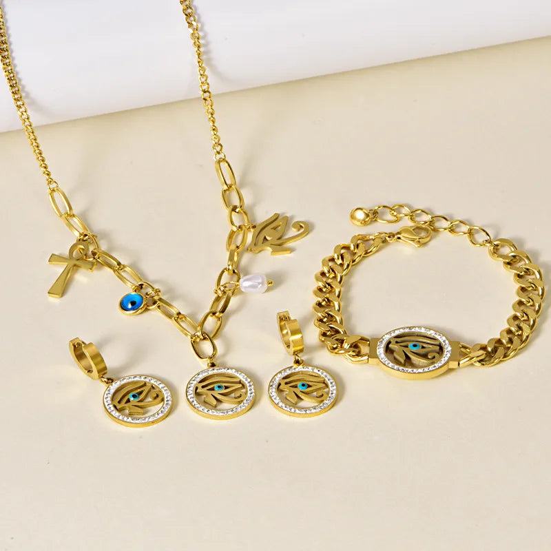 Wholesale Jewelry Casual Hip-Hop Cross Devil'S Eye 304 Stainless Steel Rhinestones 18K Gold Plated Pearl Hollow Out Inlay Bracelets Earrings Necklace