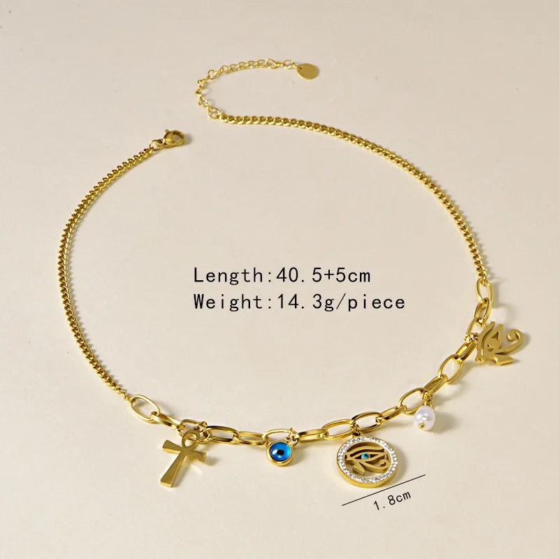 Wholesale Jewelry Casual Hip-Hop Cross Devil'S Eye 304 Stainless Steel Rhinestones 18K Gold Plated Pearl Hollow Out Inlay Bracelets Earrings Necklace