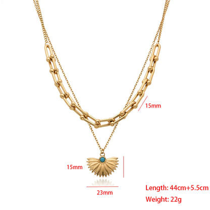 Casual Hip-hop Sector Oval Stainless Steel Plating Inlay Turquoise Gold Plated Double Layer Necklaces