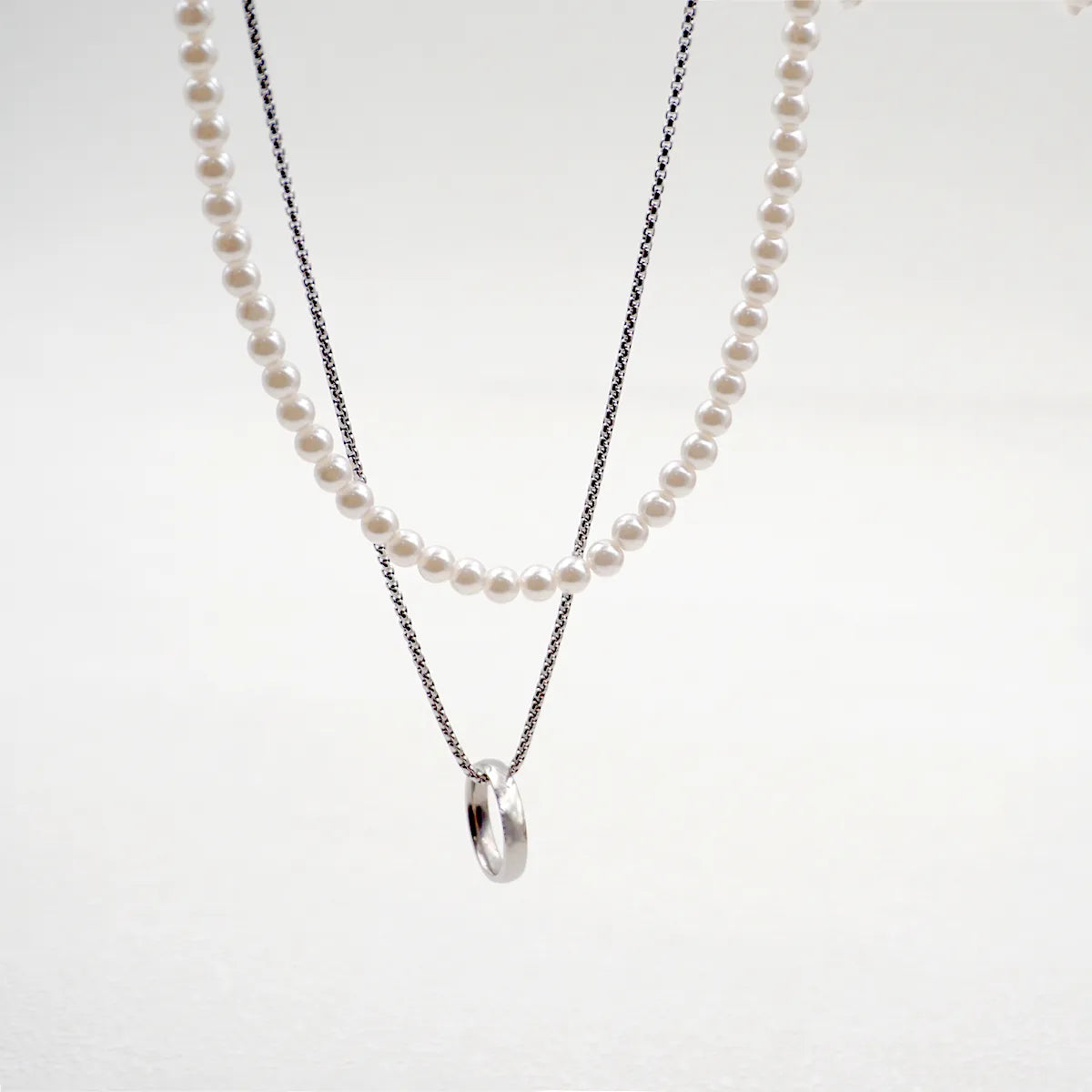 Casual Hip-hop Simple Style Circle Titanium Steel Pearl Double Layer Necklaces