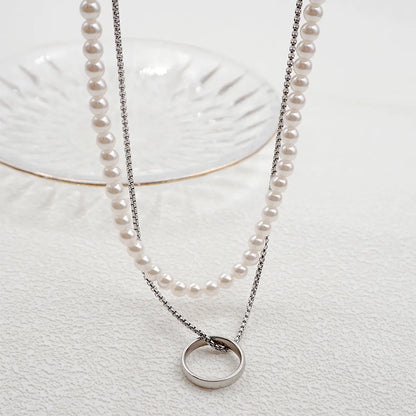 Casual Hip-hop Simple Style Circle Titanium Steel Pearl Double Layer Necklaces