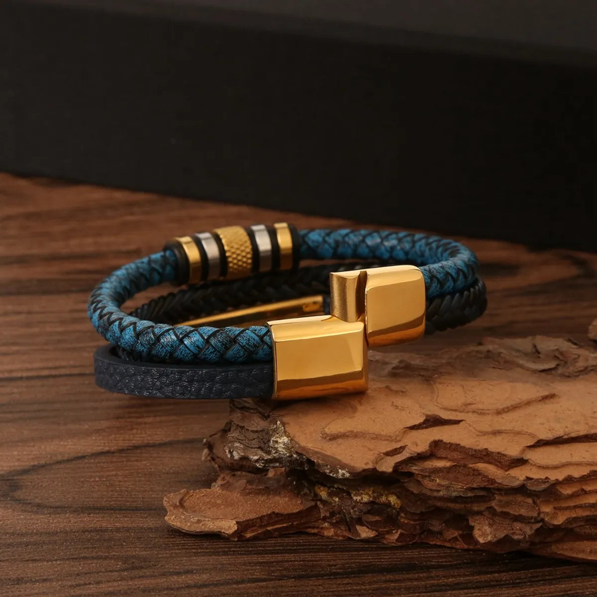 Casual Hip-hop Stripe Plaid Twist Stainless Steel Pu Leather Plating Magnetic Braid Gold Plated Bracelets Bangle