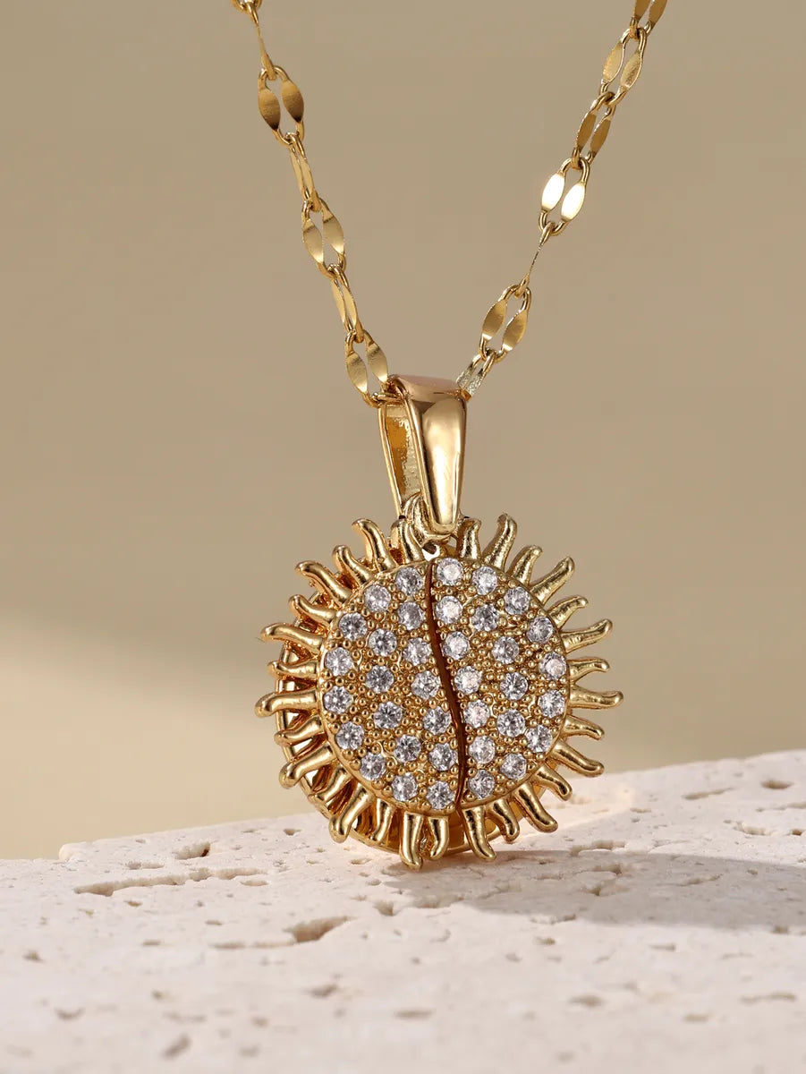 Casual Hip-hop Sun Stainless Steel Zircon 18k Gold Plated Pendant Necklace