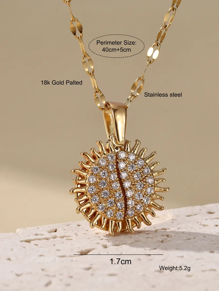 Casual Hip-hop Sun Stainless Steel Zircon 18k Gold Plated Pendant Necklace