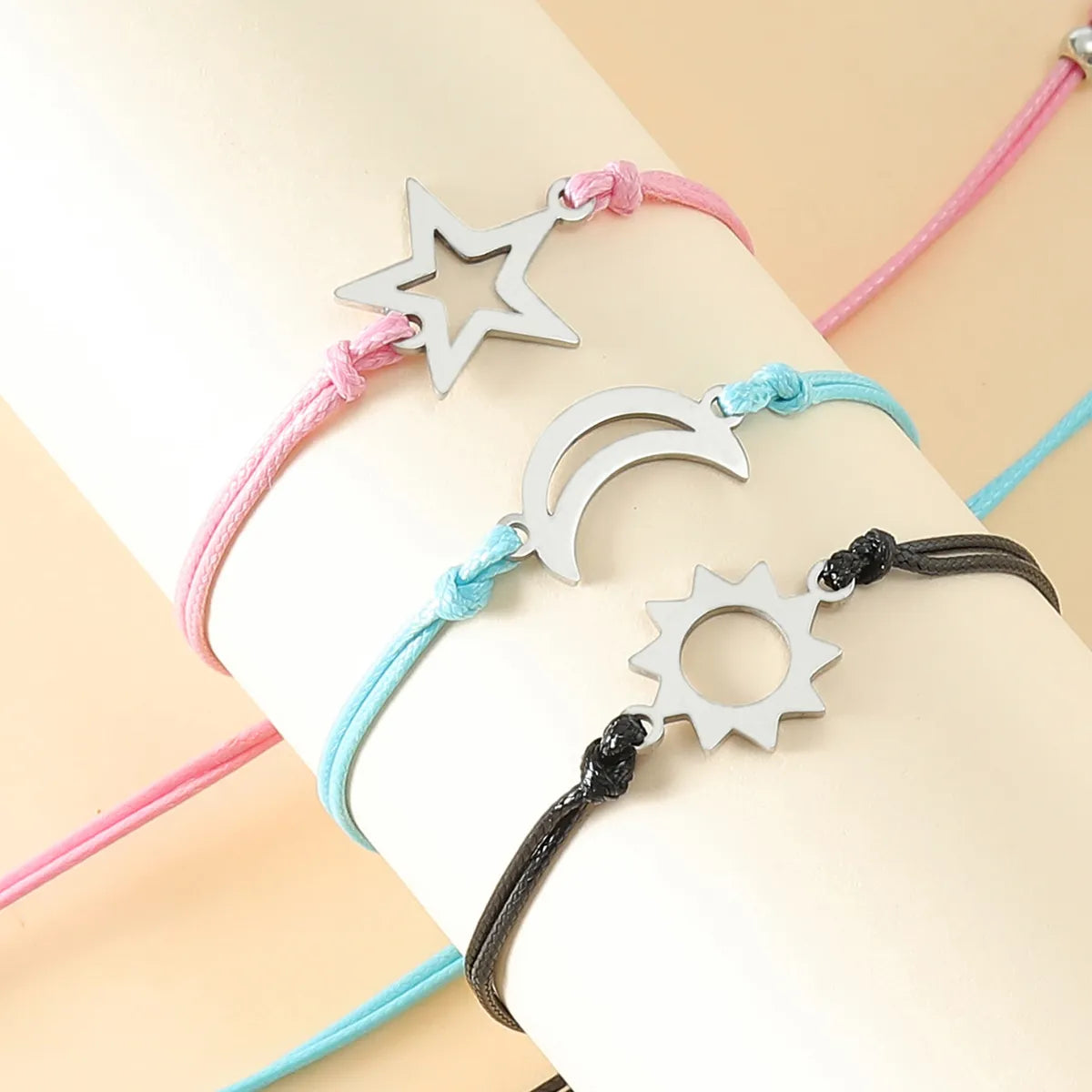 Casual Hip-hop Sweet Sun Star Moon Stainless Steel Cotton Blend Handmade Polishing Hollow Out Bracelets