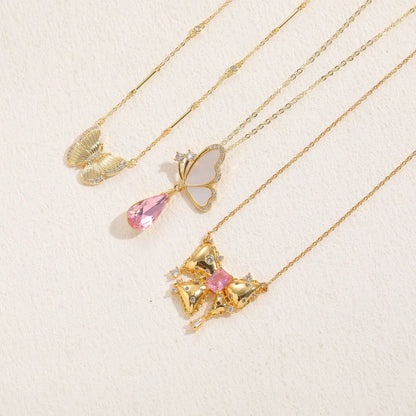 Casual Lady Butterfly Bow Knot Stainless Steel Copper 14k Gold Plated Shell Zircon Pendant Necklace In Bulk