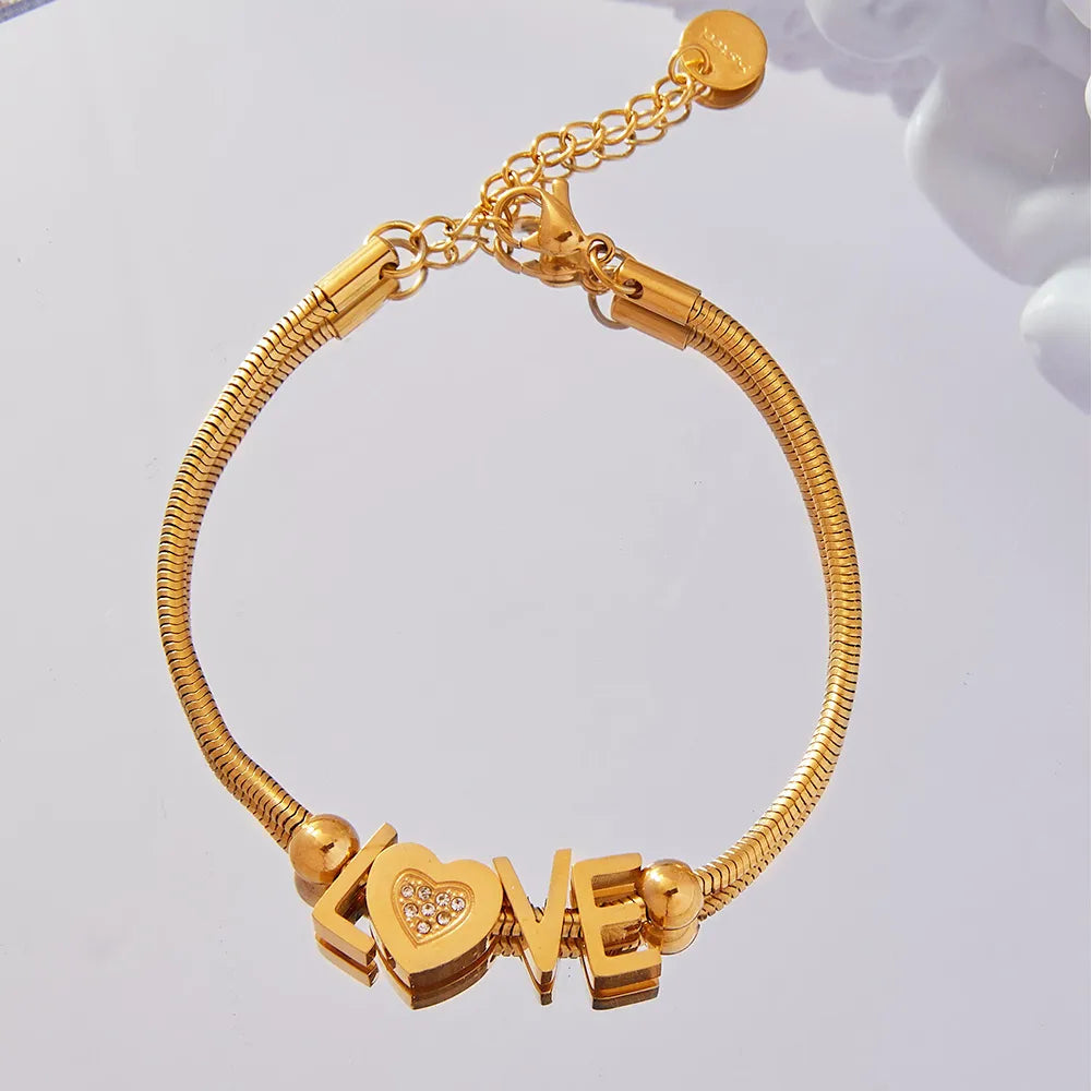 Casual Luxurious Modern Style Letter Heart Shape Titanium Steel 18K Gold Plated Rhinestones Bracelets In Bulk