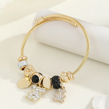 Casual Modern Style Classic Style Bear Owl Key Gold Plated Rhinestones Glass 304 Stainless Steel Alloy Wholesale Bangle