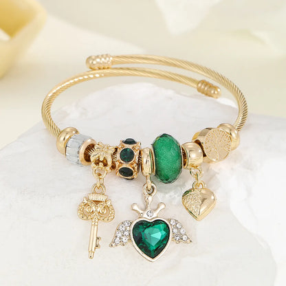 Casual Modern Style Classic Style Bear Owl Key Gold Plated Rhinestones Glass 304 Stainless Steel Alloy Wholesale Bangle