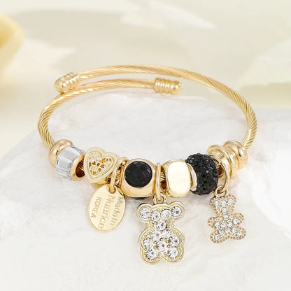 Casual Modern Style Classic Style Bear Owl Key Gold Plated Rhinestones Glass 304 Stainless Steel Alloy Wholesale Bangle