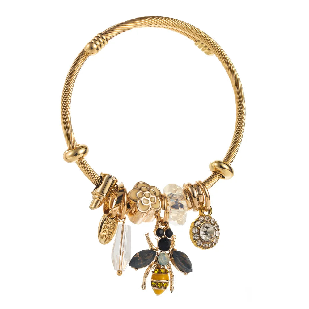 Casual Modern Style Classic Style Bee 304 Stainless Steel 14K Gold Plated Rhinestones Bangle In Bulk