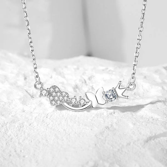 Casual Modern Style Commute Heart Shape Crown Butterfly Sterling Silver Polishing Plating Inlay Zircon Necklace