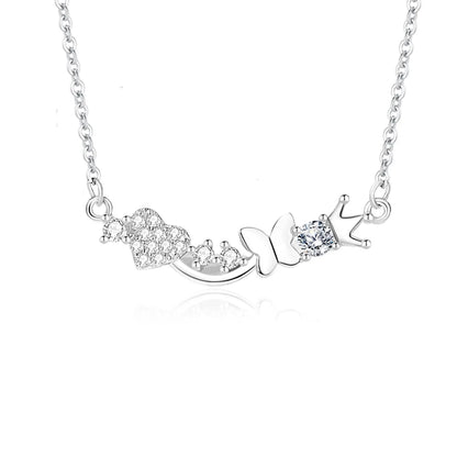 Casual Modern Style Commute Heart Shape Crown Butterfly Sterling Silver Polishing Plating Inlay Zircon Necklace